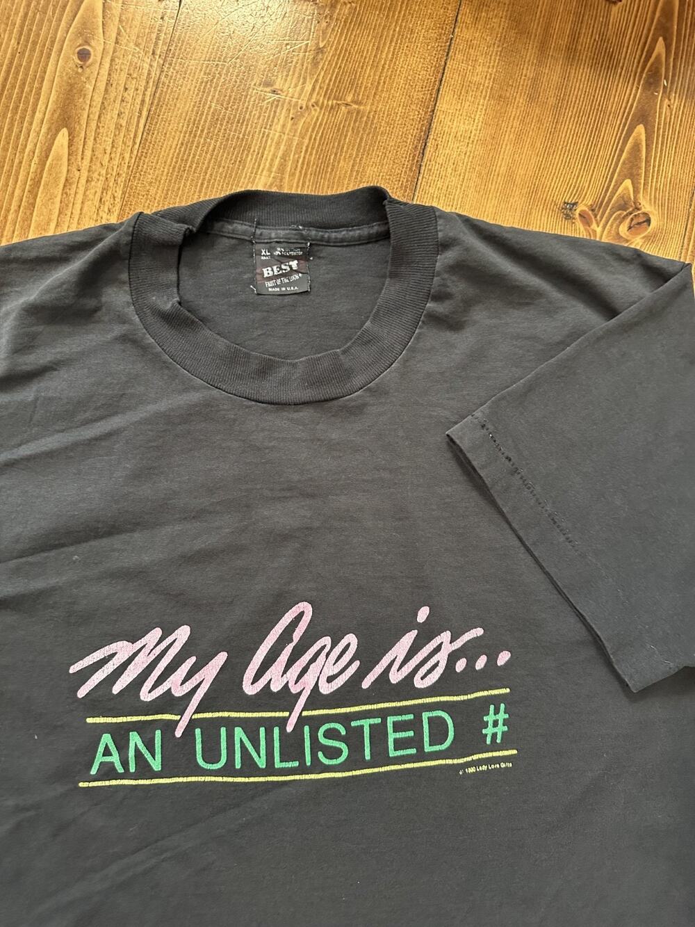 Vintage 1990 Black T-shirt My Age Is An Unlisted Number Single Stitch Large Tee